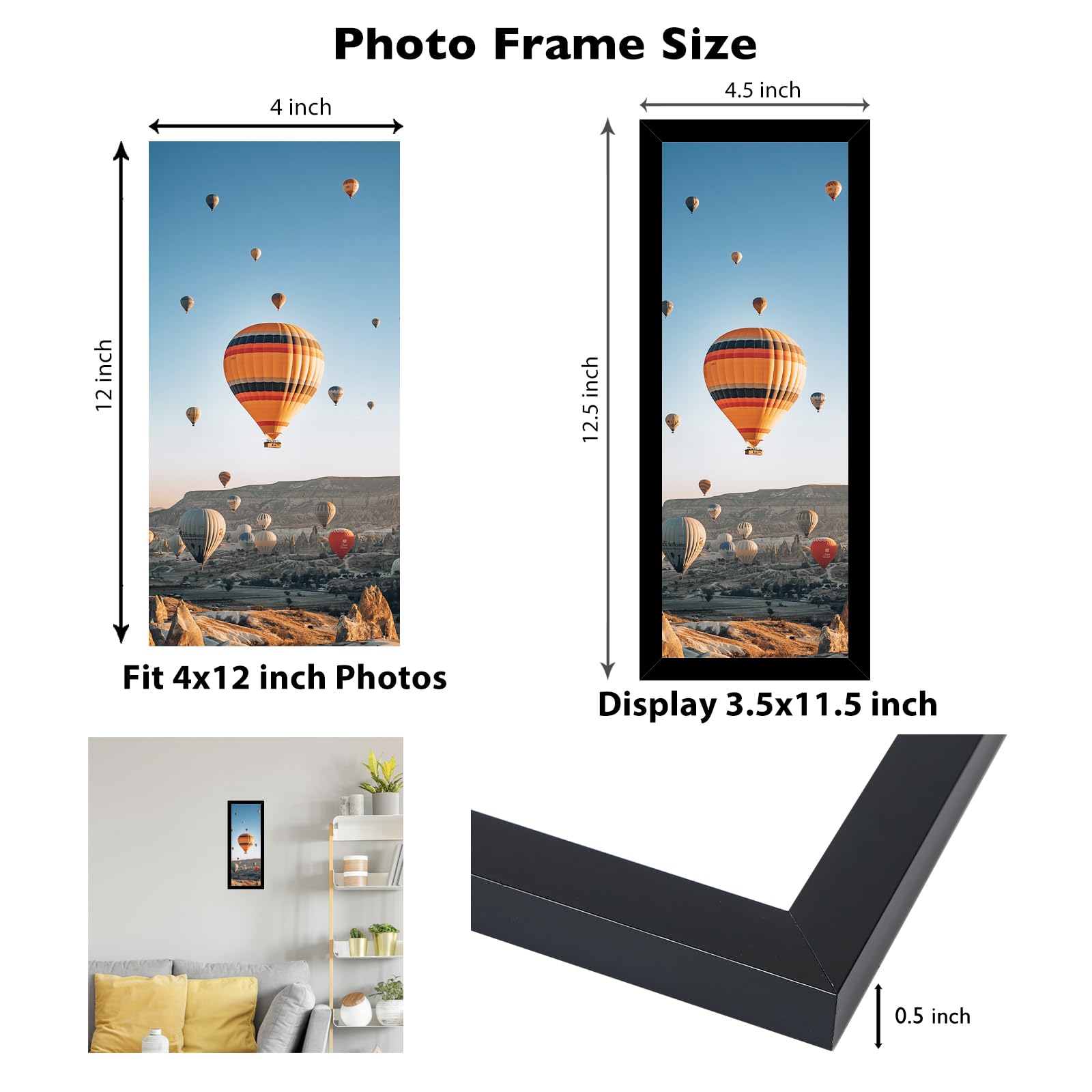 JCJMY 4x12 Picture Frame Black for Wall Hanging or Tabletop, Wall Mounting Horizontally or Vertically, 4 x 12 Wall Gallery Poste